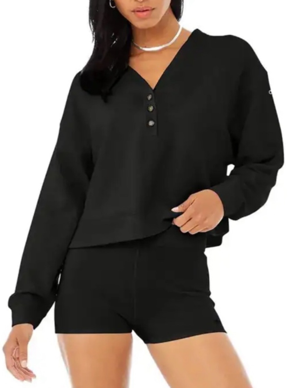 ALO Yoga Black Micro-Waffle Henley Pullover